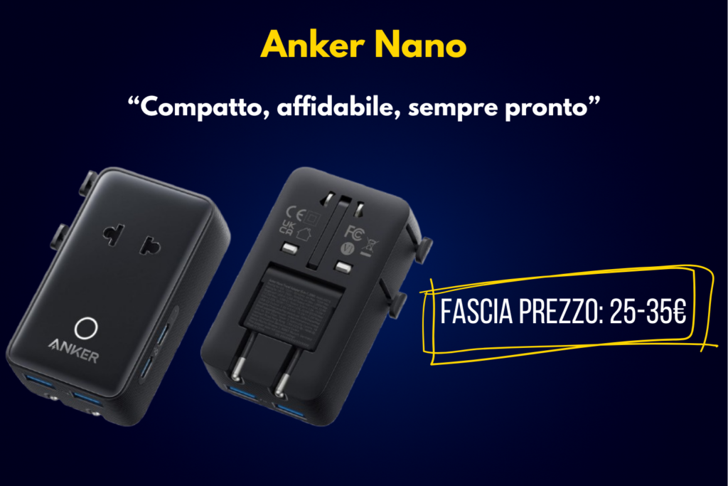 Adattatore da viaggio Anker Nano con prese internazionali e porte USB-C