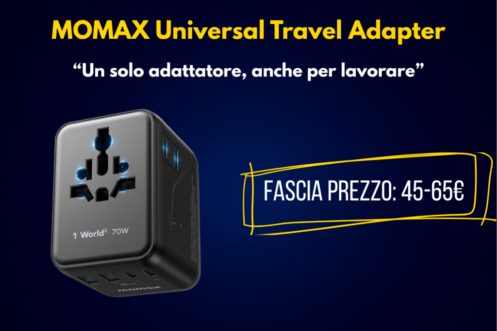 Adattatore da viaggio universale MOMAX con porte USB-C Power Delivery e presa AC