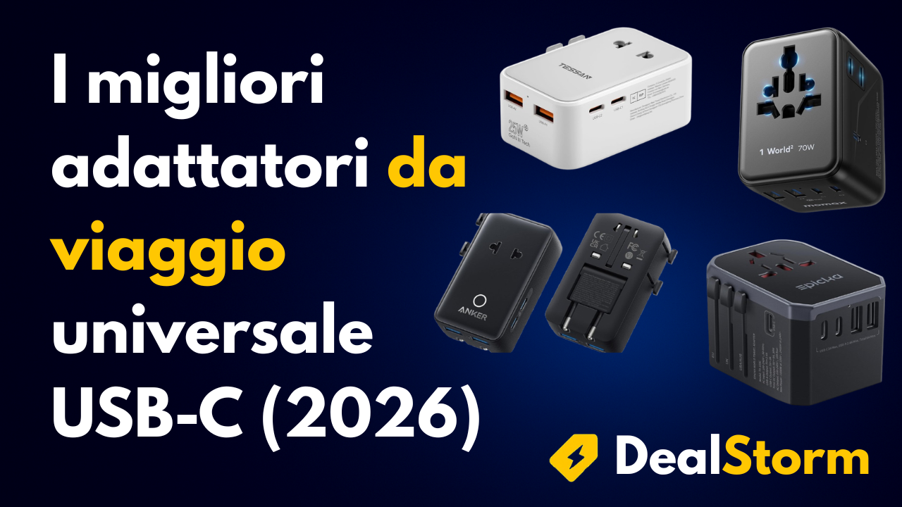 Copertina con selezione di adattatori da viaggio universali USB-C e titolo “I migliori adattatori da viaggio universale USB-C (2026)”
