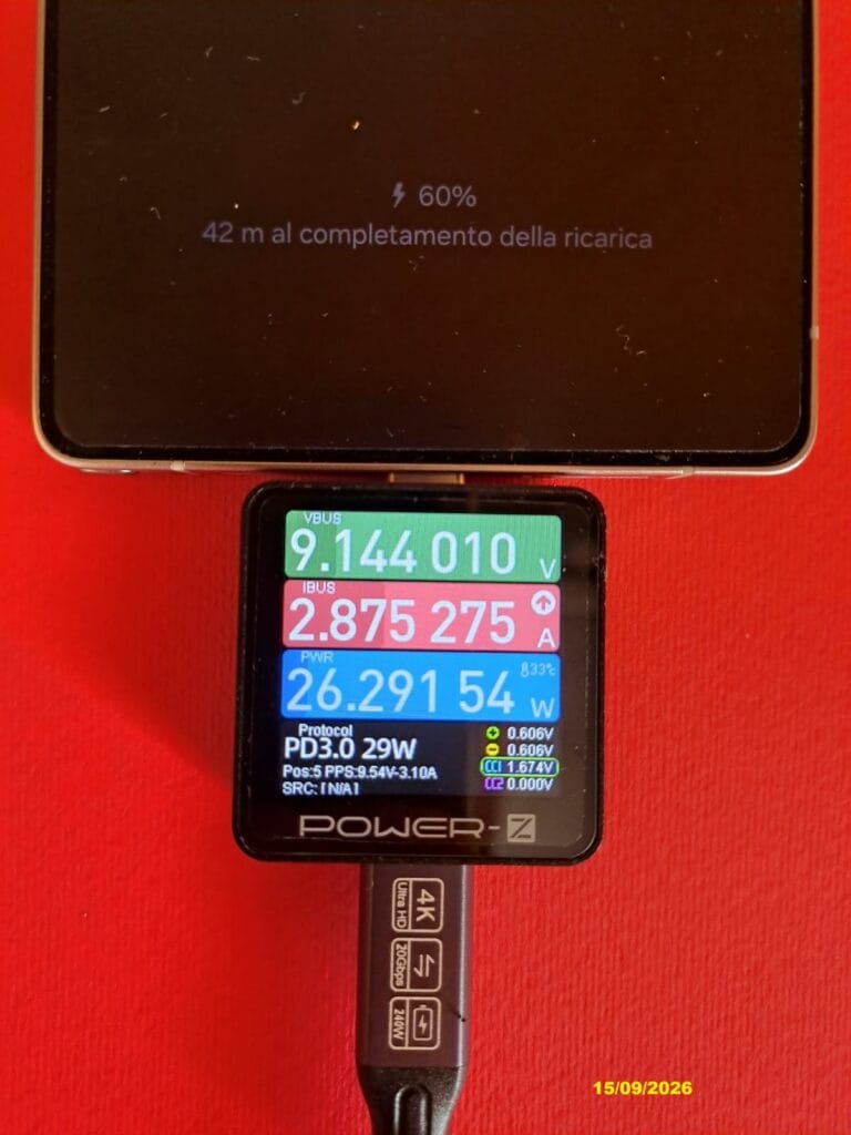 setup di misura cavo USB-C con tester POWER-Z KM003C e Galaxy S25 Ultra